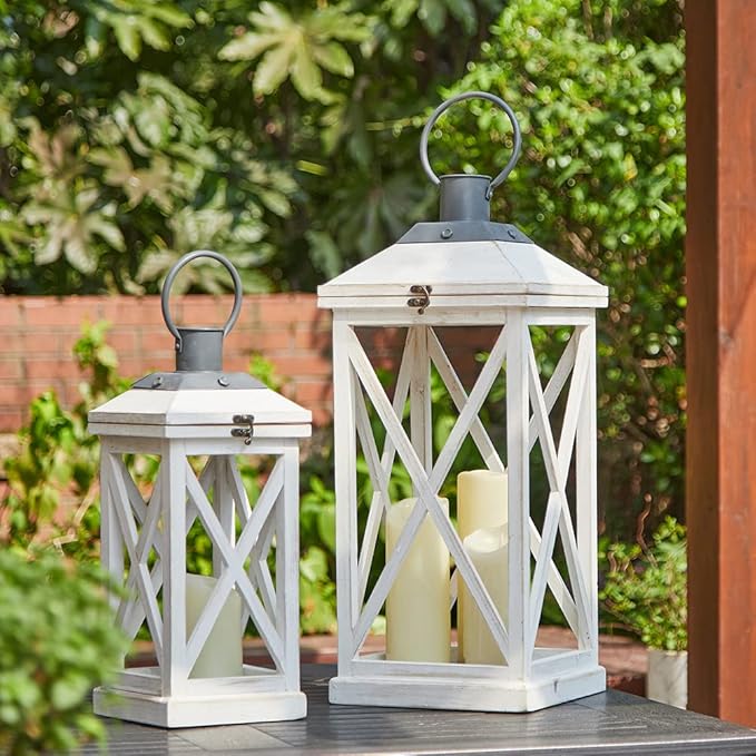 Glitzhome Mondern Farmhouse Wooden Lantern Hanging Decorative Candle Lantern for Outdoor & Indoor Wash White Set of 2 (No Glass)-Ruum Studio Home