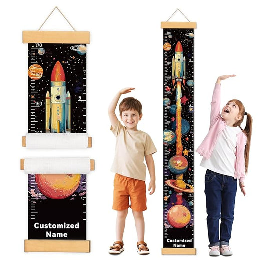 Personalized Name Growth Chart Wall Decor for Kids – Canvas Removable Height Chart Measuring Ruler 59" x 7.9" (Rocket)-Ruum Studio Home