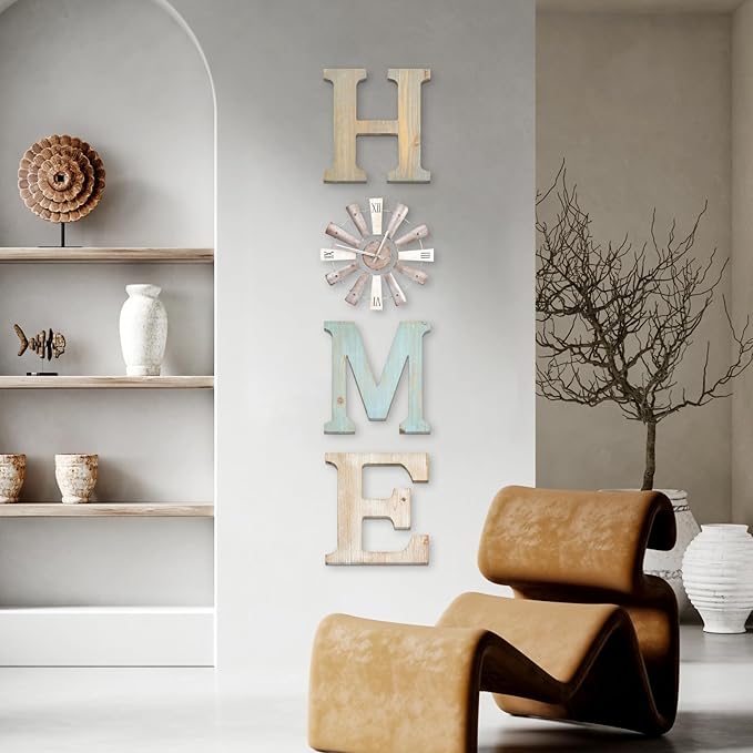 ZAZIWZ Farmhouse Home Signs with Windmill Clock Wall Decor Rustic Home Letters Wall Art for Living Room Kitchen Entryway Dining Room Bedroom (mix color)-Ruum Studio Home