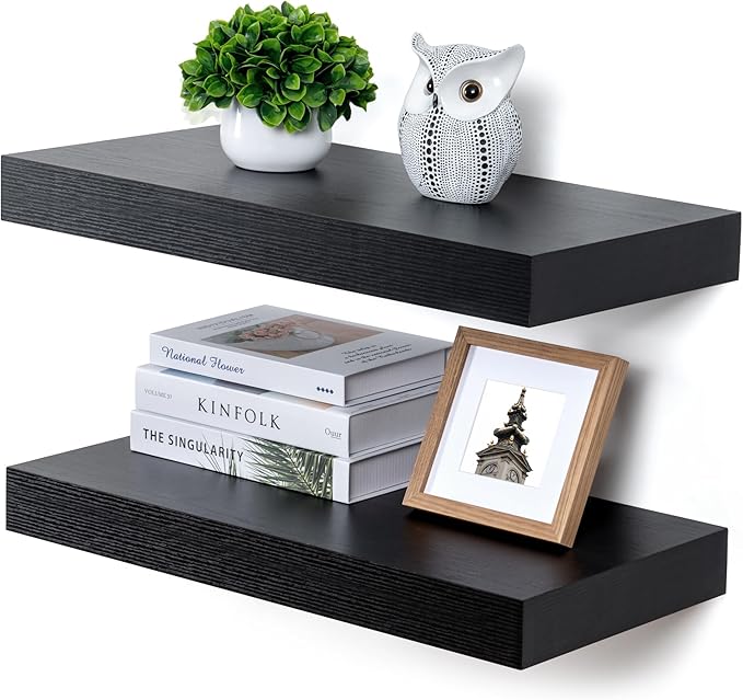 Deep Floating Shelves for Wall, 24W x 12D Black Floating Shelves Set of 2, 12'' Deep Large Wood Shelves for Living Room Bathroom Laundry Room Bedroom Kitchen Home Office - Black-Ruum Studio Home