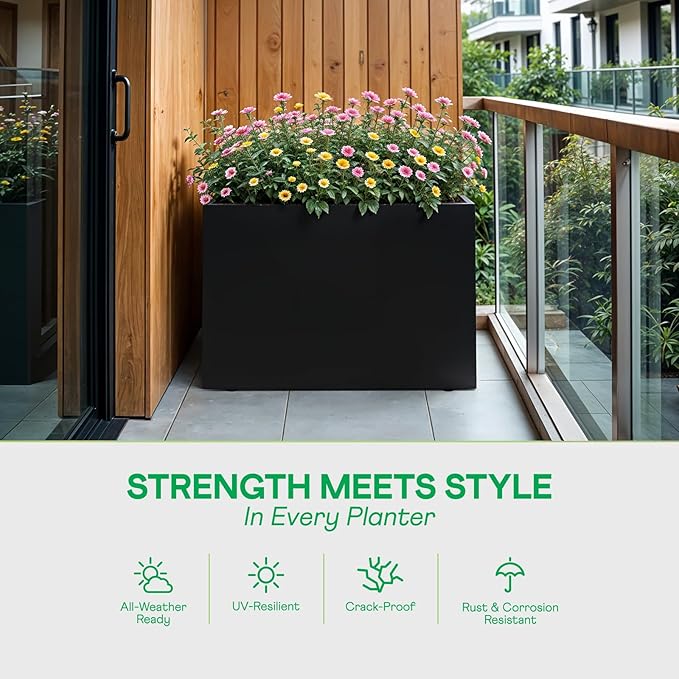 IDZO Metal Planter Box, Privacy Trough for Patio, Rectangle Container for Outdoor Plants, Tall Large Rectangular Steel Bed for Outdoor Greens with Drainage Holes & Adjustable Feet, Black-Ruum Studio Home