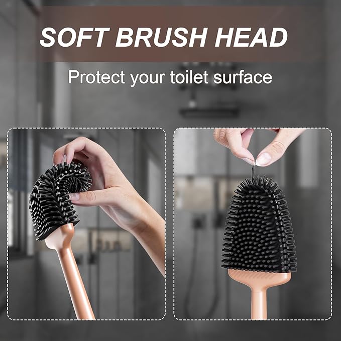 Sellemer Toilet Brush and Holder Set - Flexible Toilet Bowl Brush Head with Silicone Bristles, Compact Size for Storage and Organization, Ventilation Slots Base (1 Pack, Rose Gold)-Ruum Studio Home