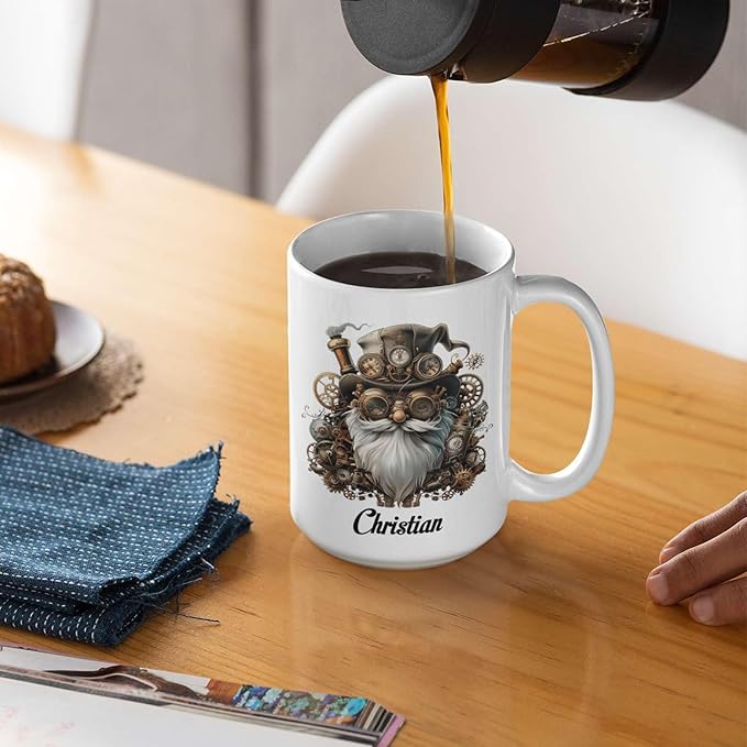 Custom Mechanical Art Mug 15oz, Personalized Steampunk Gnome Coffee Mug, Customized Name Ceramic Cup, Fantasy Enthusiasts Mug, Gnome White Mug With Steampunk Themed, Gift For Men-Ruum Studio Home