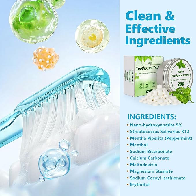 200 Pcs Toothpaste Tablets - Nano Hydroxyapatite Natural Whitening, Reduce Sensitivity,Fluoride & Plastic Free, Eco Friendly & Travel Mouthwash Tablets-Ruum Studio Home