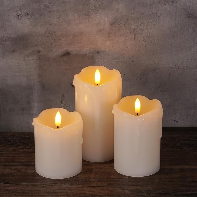 Homemory Dripping Wax Flameless LED Pillar Candles, Battery Operated with Remote Control and Timer, Set of 3, 5" H x 4" W x 6" D-Ruum Studio Home
