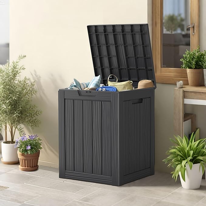28 Gallon Outdoor Storage Box, Waterproof Durable Resin Deck Box for Indoor & Outdoor Use, Lockable Outdoor Bench, Deck Bin for Patio Furniture, Deliveries, Pool Supplies, Black-Ruum Studio Home