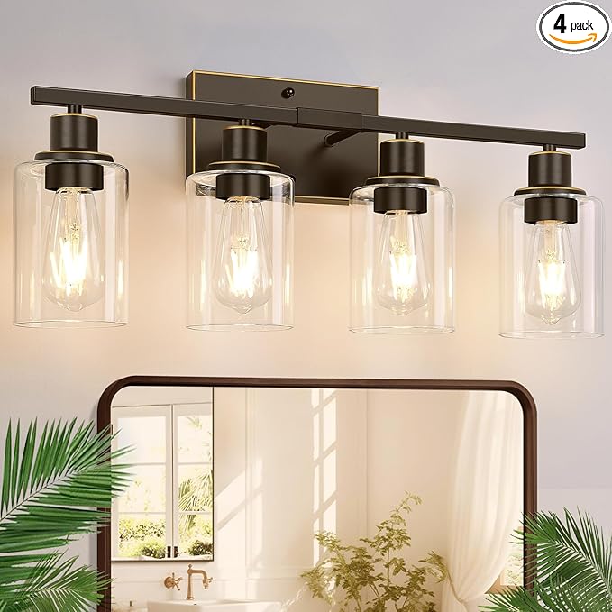 4 Light Bathroom Light Fixtures, Oil-Rubbed Bronze Modern Vanity Lights with Clear Glass Shades, Bathroom Wall Lamp for Mirror Living Room Cabinet-Ruum Studio Home