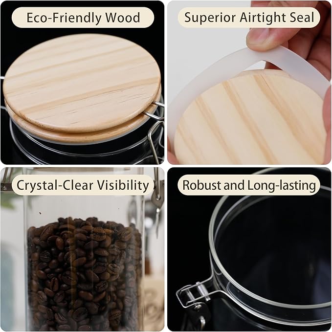 Glass Storage Jars Set Elegant Containers with Airtight Bamboo Lids, Perfect for Kitchen Organization - Flour, Rice, Pasta, Sugar, Coffee Beans, Accessories Included (Coffee Jar x 2)-Ruum Studio Home