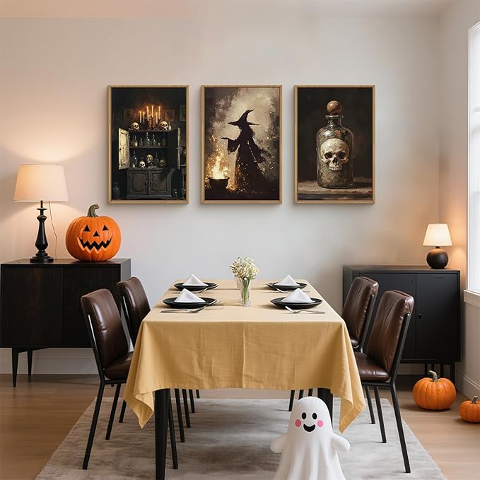 HPNIUB Halloween Witch Framed Canvas Wall Art Set, Terrifying Skeleton Poster Artwork, Vintage Halloween Wall Decor, Dark Academia Gothic Pictures for Bedroom Living Room Bathroom Party-16 x24 x3-Ruum Studio Home