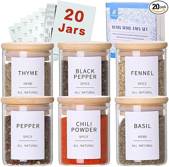 Glass Spice Jars with Bamboo Lids - 20 Pcs Thicken(2.4mm) 6oz Airtight Seasoning Containers with 131 Waterproof Minimalist Spice labels Preprinted - Small herb Jars for Pantry Organization and Storage-Ruum Studio Home