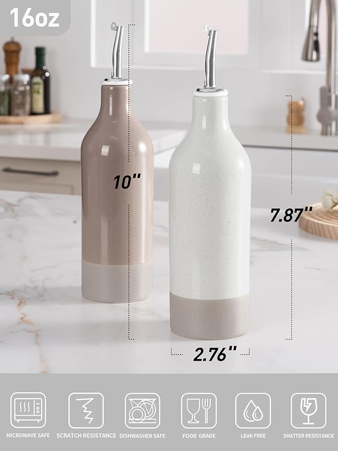 famiware Milkyway 16oz Ceramic Olive Oil Dispenser Bottle, Olive Oil and Vinegar Dispenser Bottle Set of 2 with Stainless Steel Pourers, Suitable for Storage Vinegar, Liquids, White and Cinnamon Brown-Ruum Studio Home
