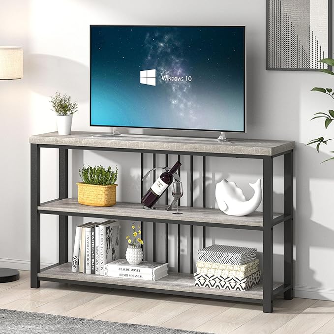 FOLUBAN Console Tables for Entryway, Sofa Table with 3 Tier Storage for Living Room Hallway Foyer Behind Couch, Rustic Light Grey-Ruum Studio Home