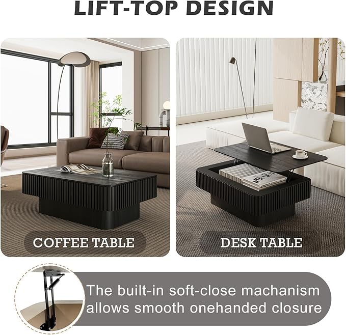 Lift Top Coffee Table with Storage, Solid Wood Coffee Table with Adjustable Height, Fluted Center Table Accent Tea Table for Living Room, Apartment, Office (38.6" Black)-Ruum Studio Home