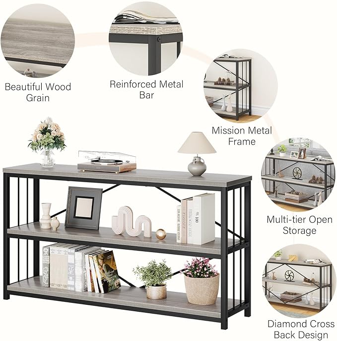 LVB Farmhouse Industrial Console Table, Wood Metal Foyer Entryway Sofa Tables with Storage, 3 Tier Long Rustic Entry Table TV Stand with Shelves for Home Living Room Hallway, Light Grey Oak, 55 Inch-Ruum Studio Home