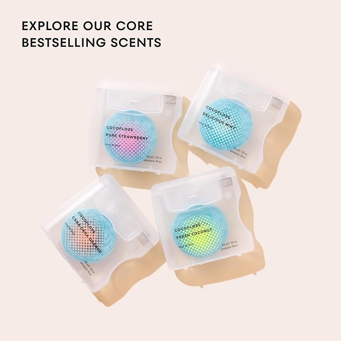 Cocofloss Woven Dental Floss, Dentist-Designed Oral Care, Waxed, Vegan, Kid-Friendly, with Coconut Oil, 4-Pack of Mint, Coconut, Orange, Strawberry (33 yard Each)-Ruum Studio Home