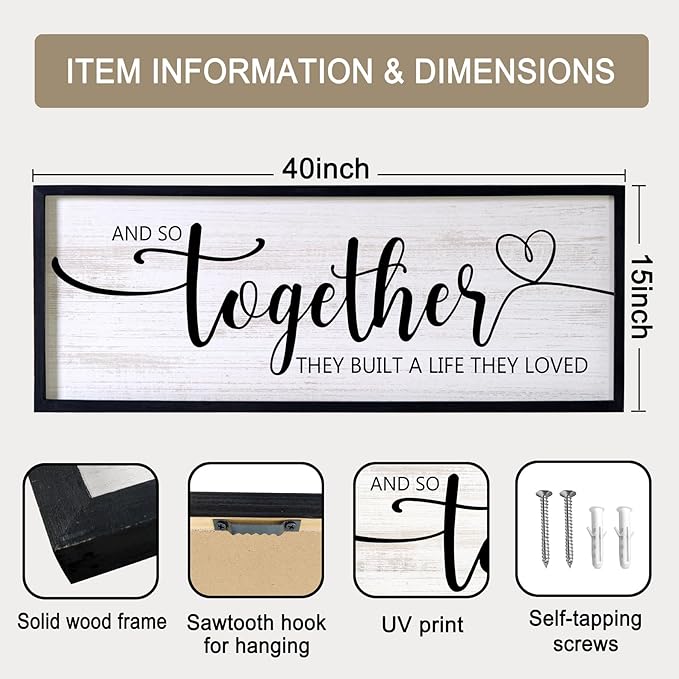 And So Together They Built A Life They Loved Decorative Rustic Sign & Plaque Framed Wall Art for Couples, 40''×15' Vintage 'Wooden Long Wall Decor Above Bed, Horizontal Farmhouse Wedding Gift-Ruum Studio Home