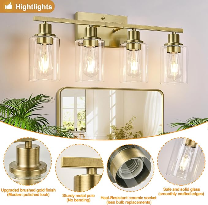 4 Light Bathroom Light Fixtures, Brass Vanity Lights for Bathroom with Clear Glass Shades, Modern Bathroom Wall Sconces for Mirror Living Room Cabinet-Ruum Studio Home