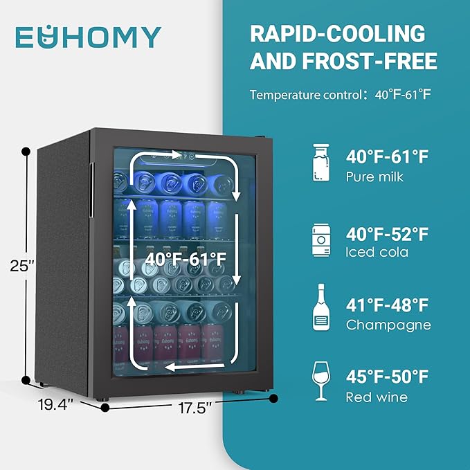 EUHOMY 100 Can Beverage Refrigerator cooler-Mini Fridge Glass Door for Beer Drinks Wines, Freestanding Beverage Fridge with Adjustable Shelves Blue LED for Home/Office/Dorm/Bar, 2.7 cu.ft-Ruum Studio Home