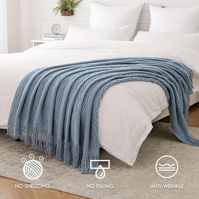 MIULEE Dusty Blue Cozy Knitted Throw Blanket for Couch Textured Knit Blanket with Tassels Woven Acrylic Wave Pattern Boho Blankets for Sofa Bed Chair 50"x60"-Ruum Studio Home