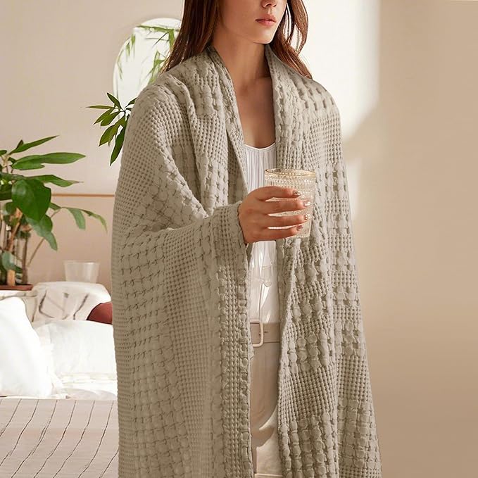 PHF 100% Cotton Waffle Weave Throw Blanket, Soft Lightweight Breathable Cozy Summer Throws for Couch Bed Sofa, Luxury Aesthetic Woven Blanket for Home Decor & Office, 50"x60", Simply Taupe-Ruum Studio Home