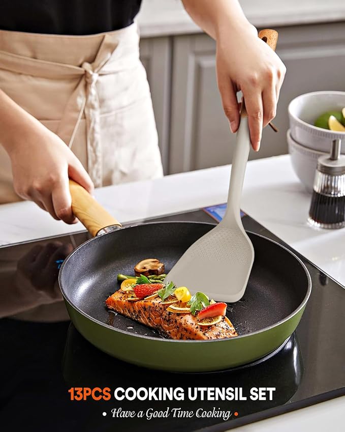 Kitchen Utensils Set, 13PCS Silicone Cooking Utensils, Heat Resistant Kitchen Utensil Spatula Set for Nonstick Cookware, Wooden Handles Kitchen Gadgets Tools Set-Ruum Studio Home