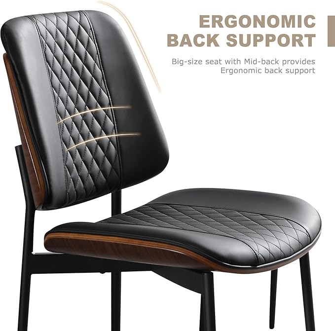 BV Dining Chairs Set of 2, PU Leather Armless Kitchen Chair in Modern Walnut Style, Mid Century Bentwood Side Chair with Metal Legs, Retro Accent Guest Chair for Kitchen Dining Room(Black)-Ruum Studio Home