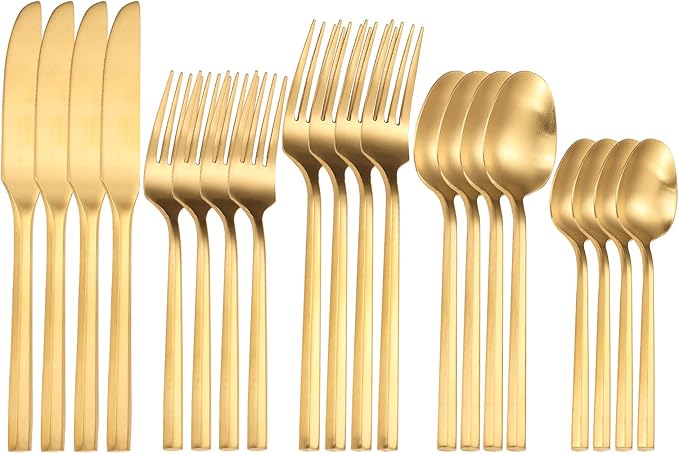 Matte Silverware Set Gold Flatware Set with Hexagon Handle 20 Pieces 18/0 Stainless Steel Cutlery Set Wedding Housewarming Gift Service for 4 (Matt gold)-Ruum Studio Home