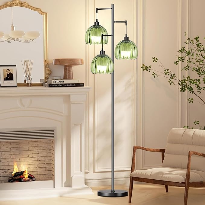 Glass Gold Floor Lamp for Living Room,Bedroom,Mid Century Modern Standing Lamp Brass Tree 3 Light Tall Floor Lamps Vintage Retro Floor Lights Green Flower Lamp Shade Farmhouse Boho Bohemian-Ruum Studio Home