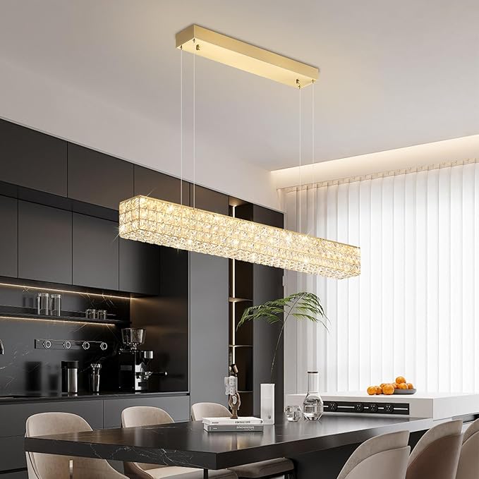 Rectangle Crystal Chandelier Modern Gold Crystal Chandelier Rectangular Pendant Lighting Fixture for Dining Room Kitchen Island Bedroom (L 40")-Ruum Studio Home