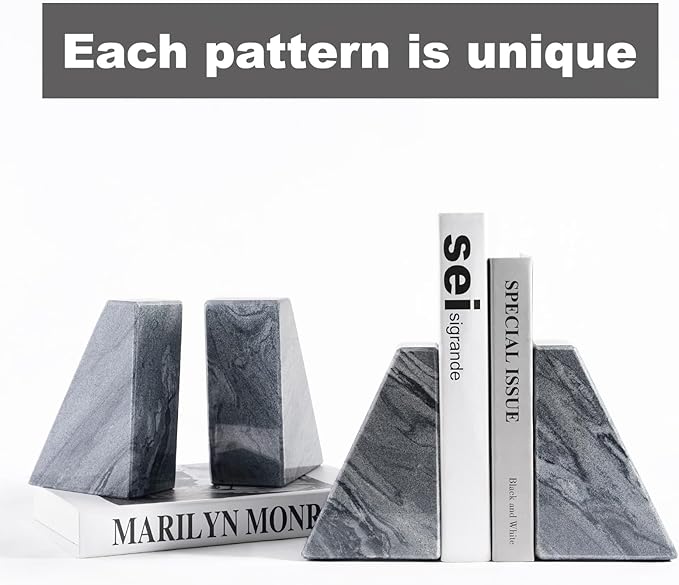 Marble Bookends for Heavy Books, Decorative Book Ends for Shelves, Unique and Heavy-Duty Book Ends for Hardback Book & CDS, Stone Book Stopper, Modern Book Holder, Monte Grigi, Set of 2-Ruum Studio Home
