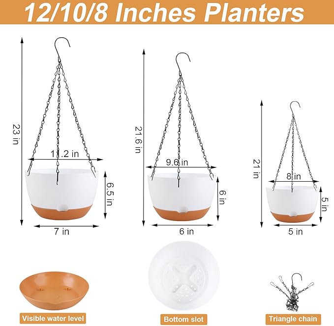 8/10/12 inch Hanging Planters for Indoor Outdoor Plants with Self-Watering Pots, 3 Pack Plastic Hanging Basket with Removable Tray for Home Garden Porch Balcony Patio Decor(White)-Ruum Studio Home