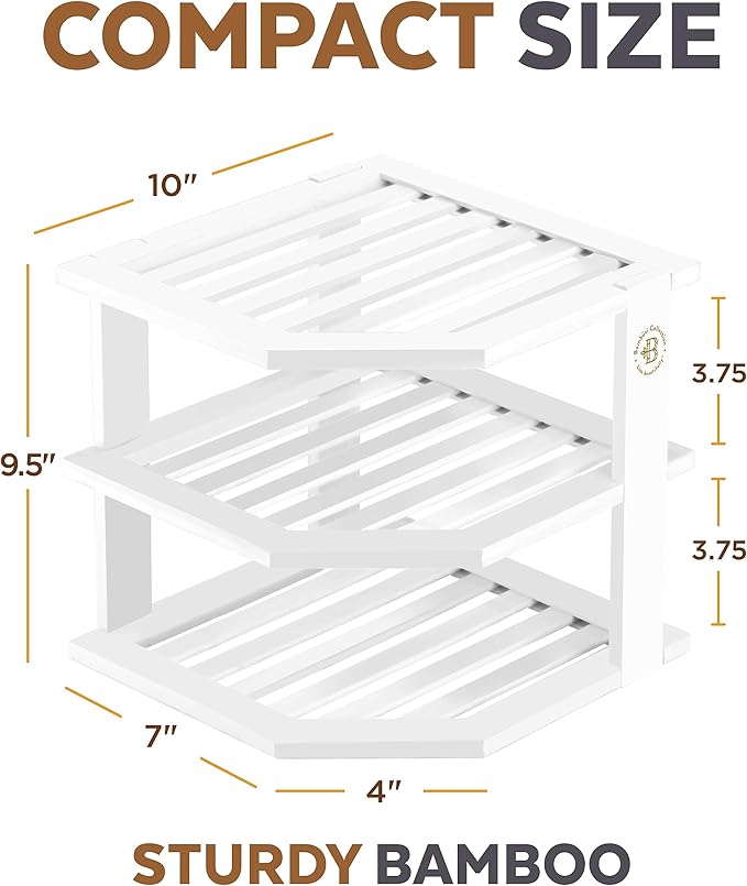 Cabinet Organizer Shelf - Bamboo Corner Rack for Kitchen Counter, Cabinet Space Saver for Plates, Dishes, Bowls, Bread Pantry, Bathroom Storage or Countertop Stand, White-Ruum Studio Home