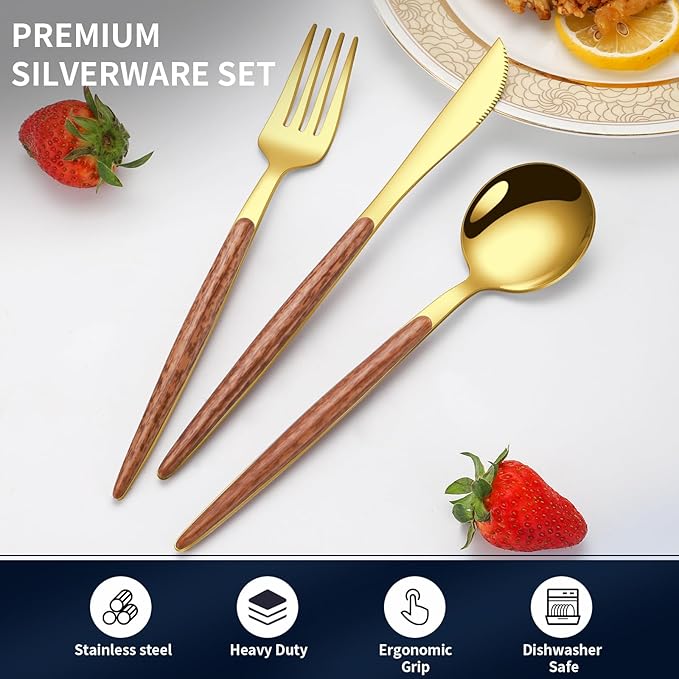 16 Pcs Gold Silverware Set with Simulated Wooden Handle for 4,Stainless Steel Cutlery Set,Mirror Polished Tableware Utensils Flatware Set,Include Knives Spoons and Forks set,Dishwasher Safe-Ruum Studio Home