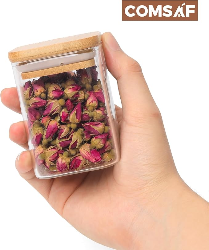 ComSaf 16Pcs Glass Spice Jars with Bamboo Lid, 6oz Airtight Square Containers with 275 Black Lables, Empty Seasoning Jars for Salt Sugar-Ruum Studio Home