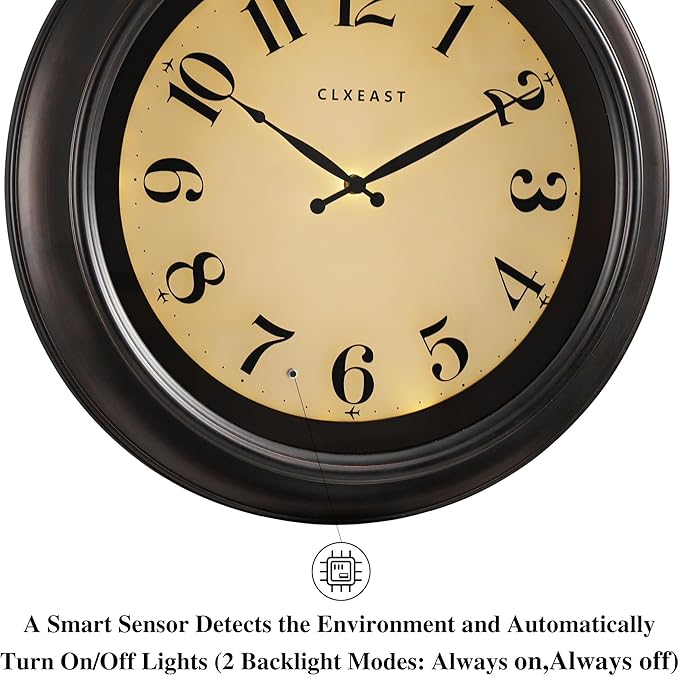 CLXEAST 18 Inch Large Illuminated Wall Clock with AI Smart Night Light Sensor,Modern Farmhouse Wall Clocks for Living Room,Bedroom,Bathroom, Kitchen, Home Office,Oil Rubbed Bronze Black-Ruum Studio Home