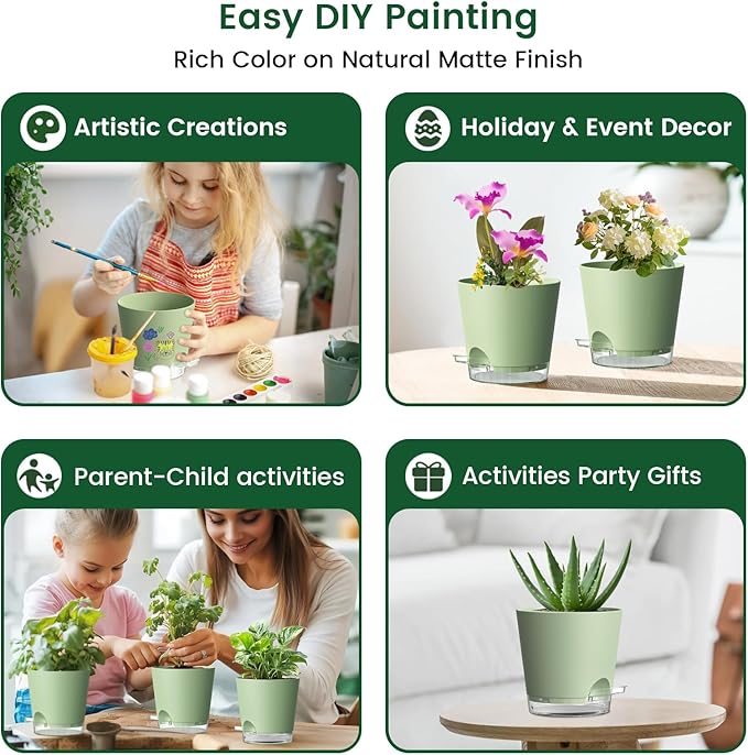 6 inch Self Watering Pots for Indoor Outdoor Plants, 3 Pack Flower Plant Pots with Drainage Holes and Clear Reservoirs, Visible Water Level, Plastic Planters with Wicking Rope, Green-Ruum Studio Home