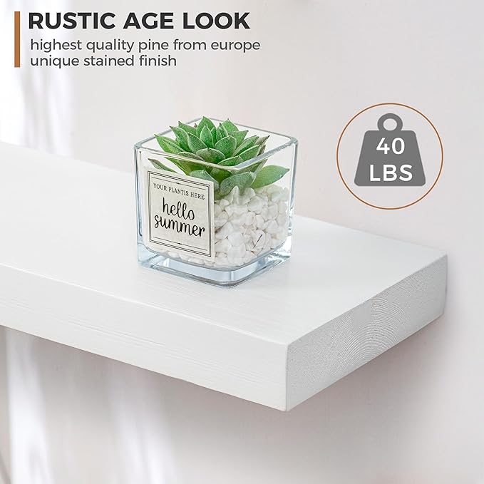 Fun Memories Handcrafted European Pine Floating Shelves - Natural Rustic Wooden Wall Shelf Set of 2-24 Inch Storage Shelf Display Shelf for Kitchen Bathroom Living Room Bedroom Farmhouse - White-Ruum Studio Home