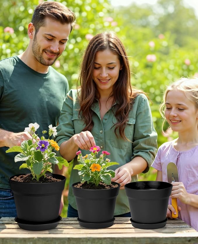 homenote Plant Pots,6/7.5 Inch Flower Pots for Plants Plastic Planters for Indoor with Multiple Drainage Holes and Trays, for All Home Garden Flowers Succulents,Outdoor(Black,10 Pack)-Ruum Studio Home
