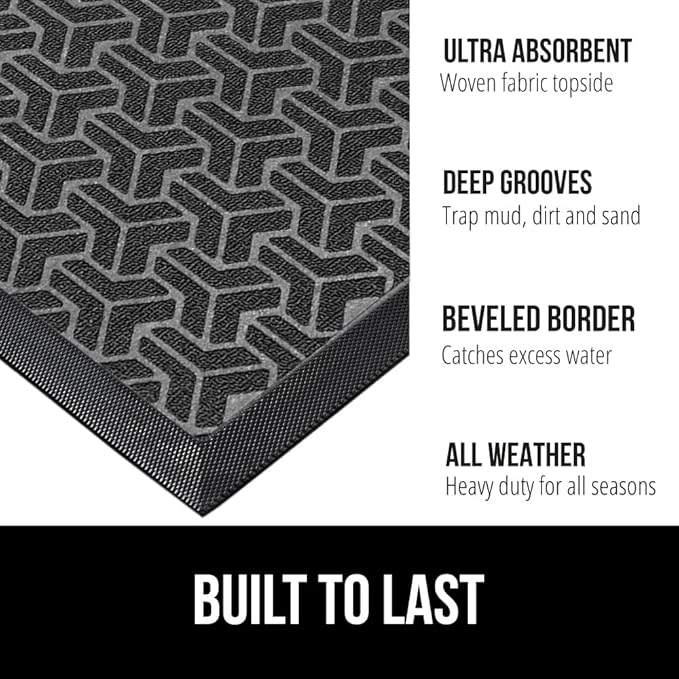 GORILLA GRIP 100% Waterproof All-Season WeatherMax Doormat, US Designed Natural Rubber, Stain and Fade Resistant, Low Profile Indoor Outdoor Door Mats, Easy Clean Patio Mat, 17x29, Slate Geometric-Ruum Studio Home