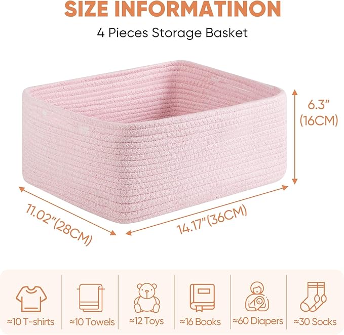 OIAHOMY 4 Pack 14.17*11.02*6.3IN Storage Baskets for Organizing Shelves, Woven Rope Baskets for Organizing Books, Clothes, Decorative Basket for Living Room, Nursery, Bedroom, Gift Basket, Pink-Ruum Studio Home