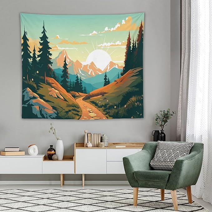 HZOHNAGO Mountain Tapestry Forest Mountain Sunrise Road Pattern Printed Wall Tapestry Wall Hanging for Bedroom Living Room Dorm 60" W x 50" H-Ruum Studio Home