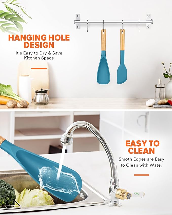 Cooking Spoon and Scraper for Nonstick Cookwares, Great for Cooking and Serving Durable BPA-Free Matte Silicone, Wood Handle Multifunction Spoon for Mixing, Scoop, and Scrape (BLUE)-Ruum Studio Home