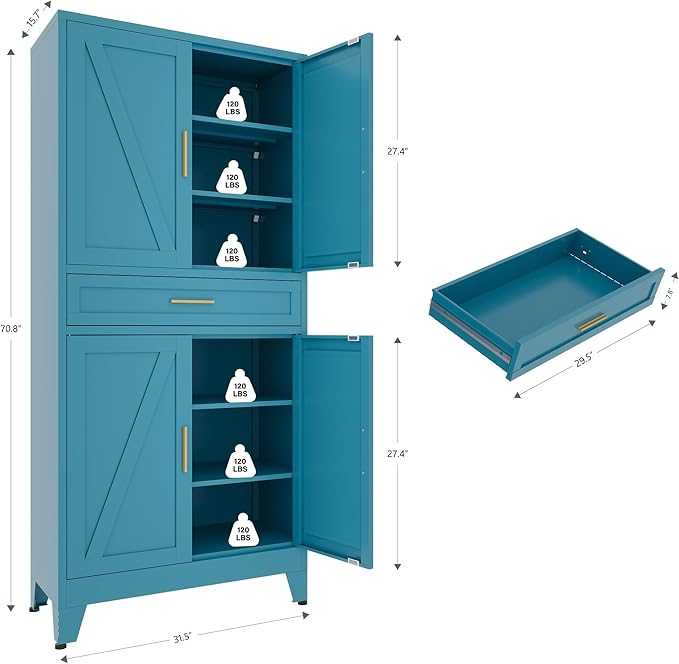 71 "Farmhouse Metal Filing Cabinet with a Drawer and 4 Adjustable Shelves, with 4 Large barn Door White Kitchen Cabinets, Metal Food Cabinets for Home, Kitchen, Dining/Living Room (Peacock Blue)-Ruum Studio Home