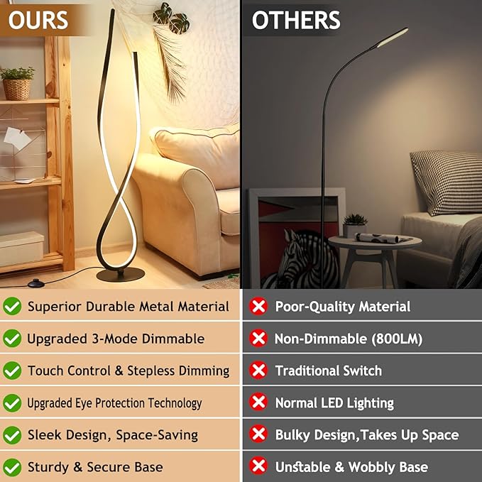 NUÜR Spiral Floor Lamp, 59" Tall Black LED Modern Standing Floor Lamp with Remote Control, Arched Bright Floor Lamps for Living Room Bedroom Office Home (Spiral Floor Lamp)-Ruum Studio Home