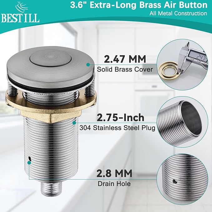 BESTILL Garbage Disposal Air Switch Kit - UL Listed, Brass 3.6" Long Push Button for Waste Disposer, Cordless Sink Top Switch Button, Brushed Nickel, Compatible with all Garbage Disposals-Ruum Studio Home