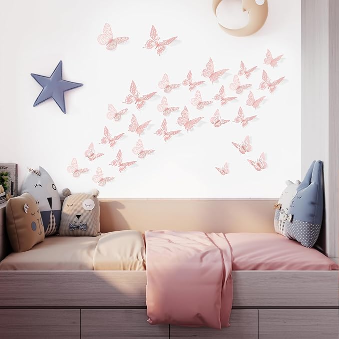 SAOROPEB 3D Butterfly Wall Decor - 48 Pcs, 4 Styles, 3 Sizes - Removable Wall Stickers for Pink Room Decor, Birthday Parties, Cake Decorations-Ruum Studio Home