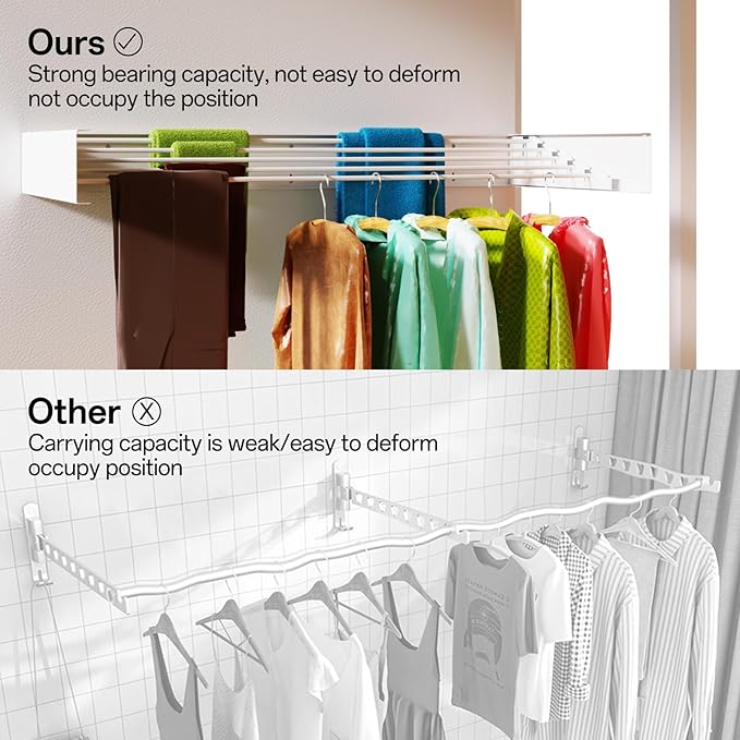 Wall Mounted Drying Rack for Laundry 40'', Folding Drying Rack Clothing Wall Mount with 5 Rods, Space Saving for Indoor Outdoor Bathroom Balcony (White, 40'')-Ruum Studio Home