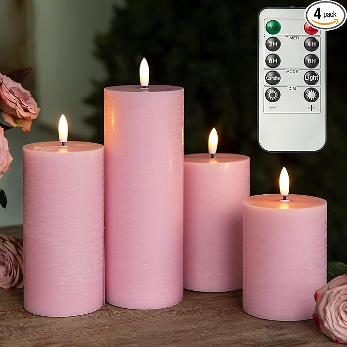 LUSHABOR Flameless Candles, 4 Pack Battery Operated Candles with Remote, Real Wax LED Fake Candles with Timer Flickering for Christmas Wedding Home Party D3 H 5" 6" 7" 9" Pink-Ruum Studio Home