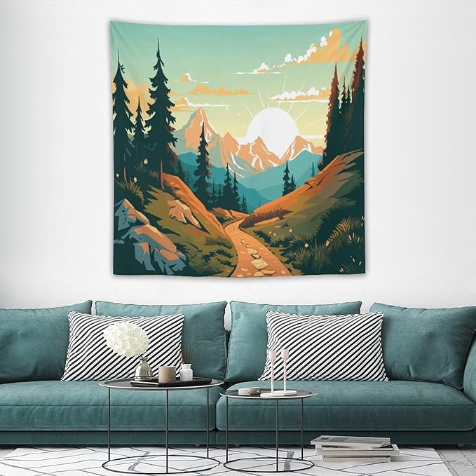 HZOHNAGO Mountain Tapestry Forest Mountain Sunrise Road Pattern Printed Wall Tapestry Wall Hanging for Bedroom Living Room Dorm 60" W x 60" H-Ruum Studio Home