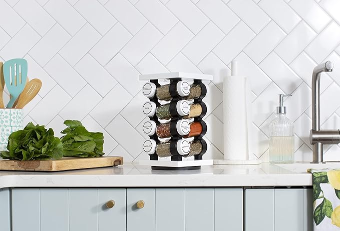 Orii Spice Rack 16 Jar Set White Filled with Spices - Rotating Standing Rack Shelf Holder & Countertop Spice Rack Tower Organizer for Kitchen Spices-Ruum Studio Home